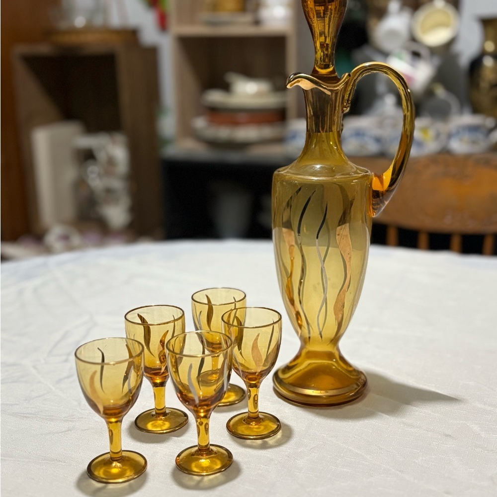 Vintage Amber Glass Decanter Set with Glasses